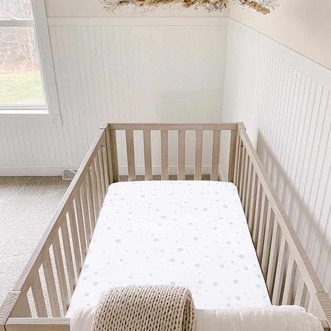 Newton Baby Mini Crib Fitted Sheets (2-Pack) | Organic Muslin Cotton, Breathable & Soft Baby Sheets, Washable Baby Mattress Sheets, Fits Any Mini Sized Crib 24" x 38", Moonstone Mist Stardust + White