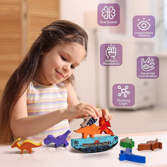 LiKee Wooden Stacking Dinosaur Toys for Kids 3-5 Montessori Toys for 3 4 5 6 7 8 Year Old Boys Girls Christmas Birthday Gifts for Kid Ages 4-8 Balance Competition Game for Family Stocking Stuffers