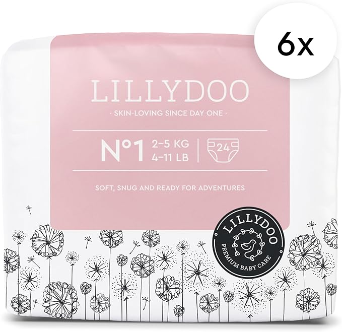 LILLYDOO Baby Diapers - Size 1 (4-11 lbs), Monthly Supply (144 Count), Leak Protection, Skin-Friendly, Ultrasoft, Perfume- & Chlorine-Free, Hypoallergenic, Dermatologist Tested, Oeko-TEX®