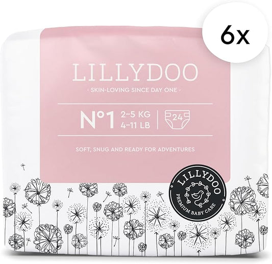LILLYDOO Baby Diapers - Size 1 (4-11 lbs), Monthly Supply (144 Count), Leak Protection, Skin-Friendly, Ultrasoft, Perfume- & Chlorine-Free, Hypoallergenic, Dermatologist Tested, Oeko-TEX®