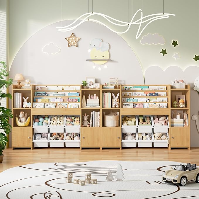 FINETONES Toy Storage Organizer with 6 Toy Bins, Toy Organizer Kids Bookshelf with 6 Cubbies, Toy Organizers and Storage Bins Playroom Storage for Kids Room, Natural