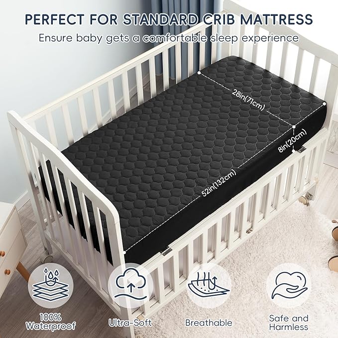 david's kids 2 Pack 52''x28'' Waterproof Crib Mattress Protector Pad Cover Stretch up to 8", Fitted Standard Crib and Toddler Mattresses, Soft and Breathable for Boys Girls, Machine Washable, Black