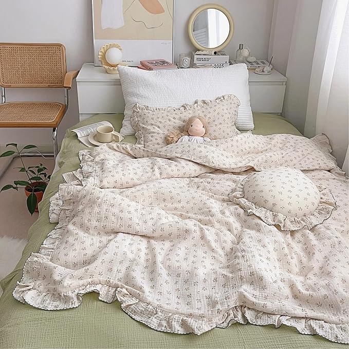 BuLuTu Girls Toddler Duvet Cover 47 x 59 Inch, Soft Muslin Cotton Crib Duvet Covers for Summer Quilt Cover Toddler Baby Bedding Gift, Sprout Print (No Pillow Shams)