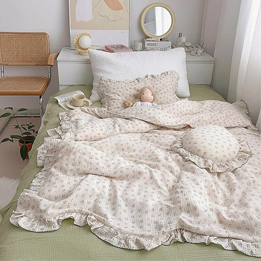 BuLuTu Girls Toddler Duvet Cover 47 x 59 Inch, Soft Muslin Cotton Crib Duvet Covers for Summer Quilt Cover Toddler Baby Bedding Gift, Sprout Print (No Pillow Shams)