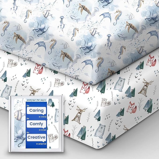 Pack and Play Sheets Fitted, Ultra Soft Mini Crib Sheets Boy, Neutral Pack N Play Mattress Sheets Hypoallergenic and Soothing, Premium Jersey Playard Sheets, Safari Animals, 2 Pack