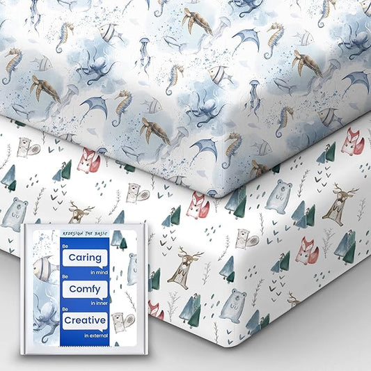 Pack and Play Sheets Fitted, Ultra Soft Mini Crib Sheets Boy, Neutral Pack N Play Mattress Sheets Hypoallergenic and Soothing, Premium Jersey Playard Sheets, Safari Animals, 2 Pack