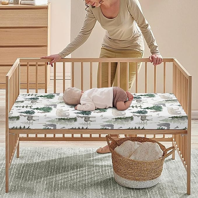 Woodland Forest Animals Fitted Crib Sheet for Boys Girls Watercolor Pine Tree Baby Sheet for Standard Crib and Toddler Rabbit Deer Bear Nursery Bed Mattress Sheets 28"x52"