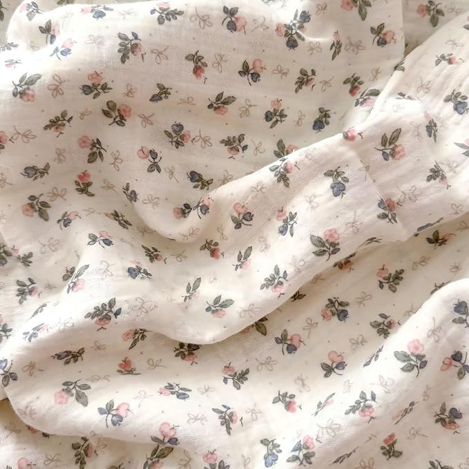 BuLuTu Muslin Cotton Duvet Cover Full, Teens Kids Ruffles Comforter Cover, Chic Shabby Pink Bellflower Print Quilt Covers 79"x90", Zipper Closure, No Pillow Case, Machine Wash