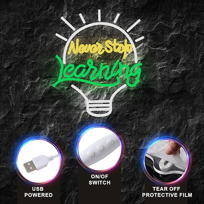 LYUODRE Never Stop Learning Neon Sign Letter neon signs for Wall Decor 5V USB Powered & Dimmable Student LED Neon Lights for Classroom, Study, Office Decoration(15x13in)(Yellow, Green, Cool White)
