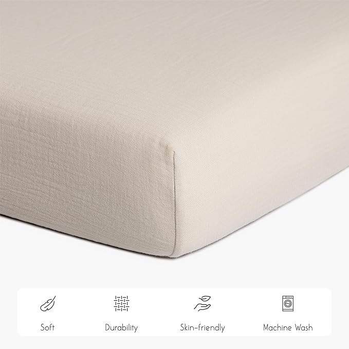 Meracorallo Muslin Crib Sheet, 100% Cotton Fitted Crib Sheet 28x52 Soft and Breathable Baby Boys Girls Cover for Standard Crib and Toddler Mattresses, Beige