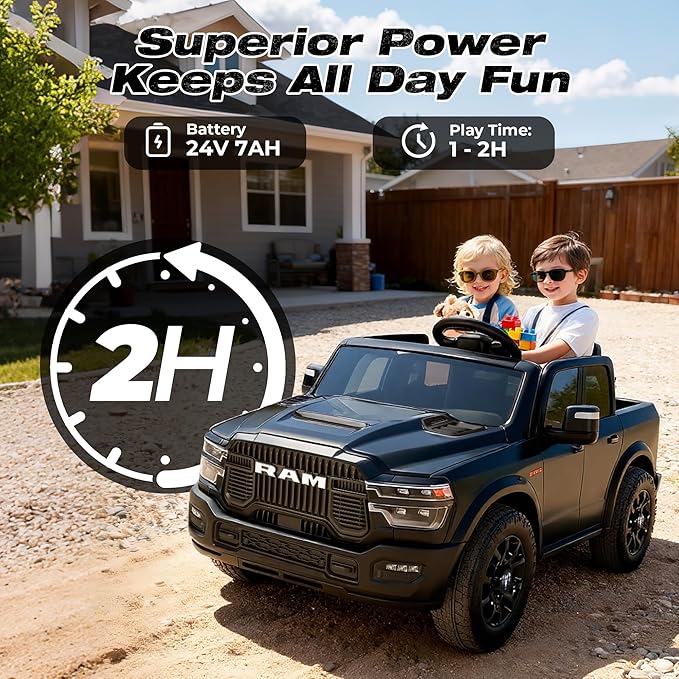 FUNTOK 24V 2 Seater Ride On Truck for Big Kids, Licensed RAM 2500 Kid's Electric Vehicles w/Remote Control, LED Light/Music/MP3/Bluetooth, Truck Bed Storage, Carry Wheels & Handle, Car for Kids 3-8