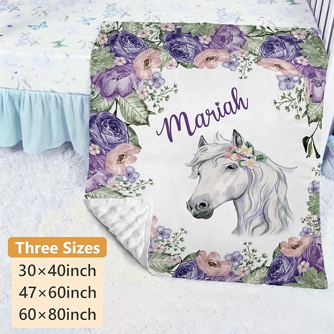 Personalized Crib Bedding Set - 4 Piece Custom Gift Purple Horse Crib Bed Set with Name, Soft Double Layer Blanket Set for Infant Baby Girl, Nursery Bedding Set for Toddler Boys