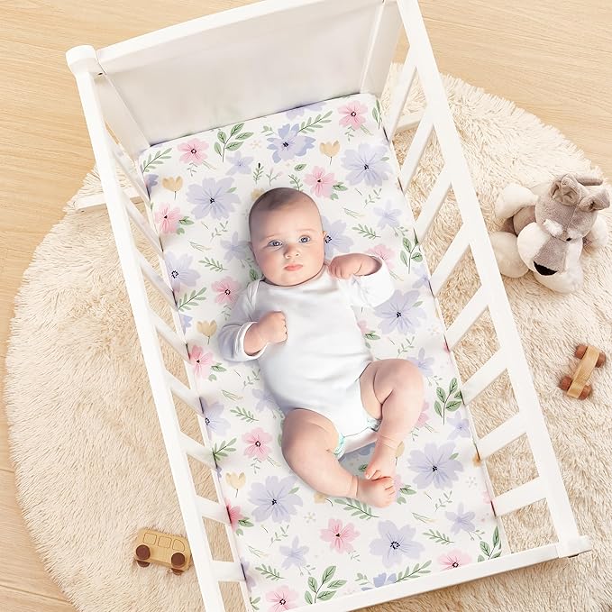 TILLYOU Baby Bassinet Sheets for Girls Boys, Fit for Hourglass Oval Rectangle Bassinet Mattress Sheets, 33”X16”, 2 Pack Brilliant Little Flowers and Purple