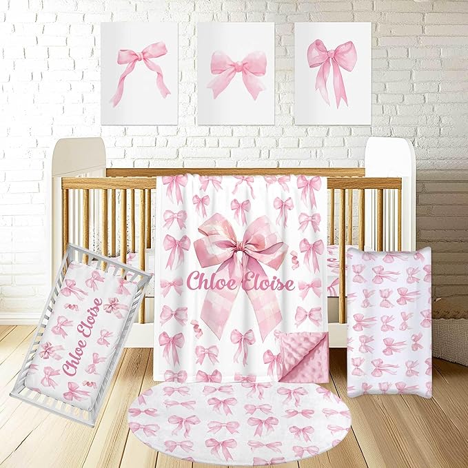Personalized Baby Crib Bedding Set – Custom Name 4 Pcs Pink Bow Nursery Set with Minky Blanket, Fitted Sheet, Pad Cover & Rug, Soft Bedding for Girls, Ideal Shower Gift for Baby, New Parents