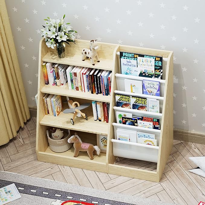 HedoAjim 4 Tier Kids Wooden Bookshelf,Five Layer Sling Children Bookcase,Baby Storage Book Rack,Book and Toy Organizer Cabinet Chest,Book Display Shelf,Playroom Nursery Classroom Library