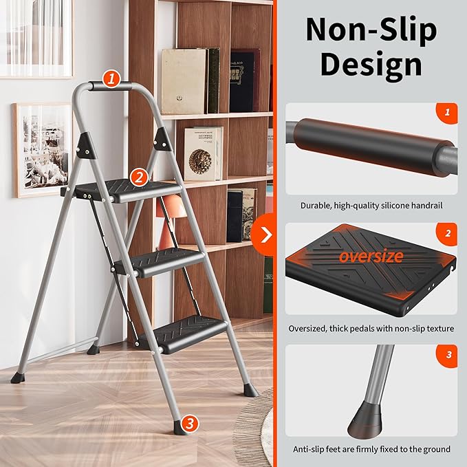 DIAMONDFORGE 3 Step Ladder, Folding Step Stool with Anti-Slip Wide Pedal, Soft Handle, Anti-Slip Feet, Sturdiest Steel Construction, 900lbs Capacity Steel Ladder for Home and Office, Grey
