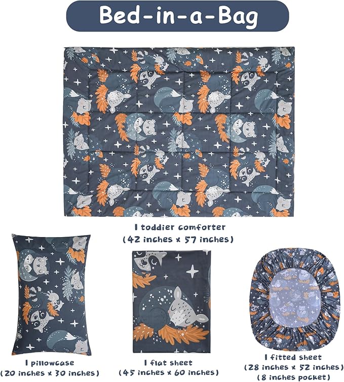 JSD Navy Blue Forest Animals Toddler Bedding Set, 4 Piece Owl Toddler Comforter Sheet Set, Lightweight Breathable Washable