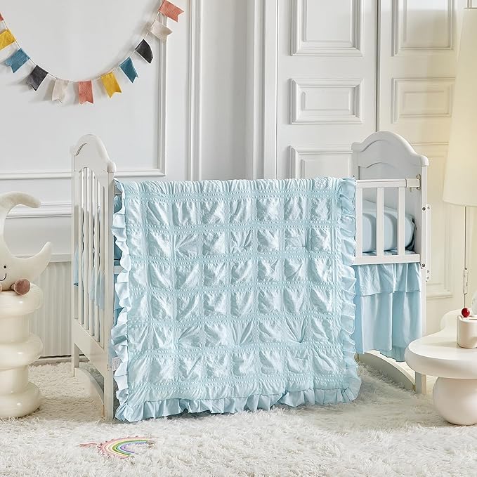 Ruffled Crib Bedding Set Baby Boho Quilted Comforter with Fitted Sheet and Bed Skirt - Cute Soft Breathable Seersucker Ruffled Shabby Chic Bedding Soft Blanket Design - Blue