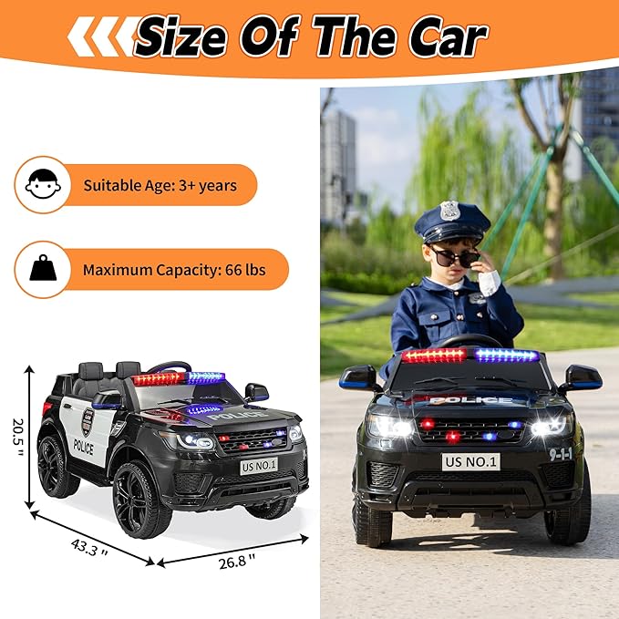 TOBBI Police Car Ride on Electric Car for Kids to Drive Battery Powered Ride-on Toys Cop Cars with Remote Control, Siren, Flashing Lights, Music, Spring Suspension, Carbon Black