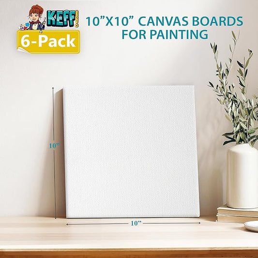 KEFF Canvas Boards for Painting - 10x10 6-Pack Bulk Canvas Panels, 100% Cotton Triple Primed Large Canvases for Art Painting Supplies, Acrylic, Oil, Watercolor & Tempera