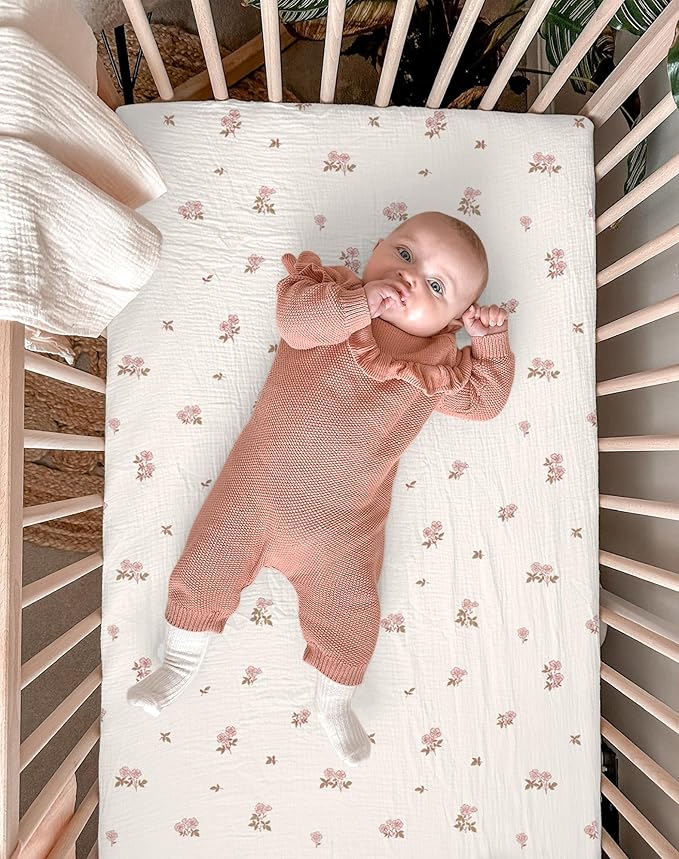 Mini Crib Sheets for Baby Boy Girl 2 Pack, Neutral Mini Crib Mattress Sheet 24" x 38", Muslin Nursery Bedding Soft and Breathable Comfort (Vintage Blossom & Pink)