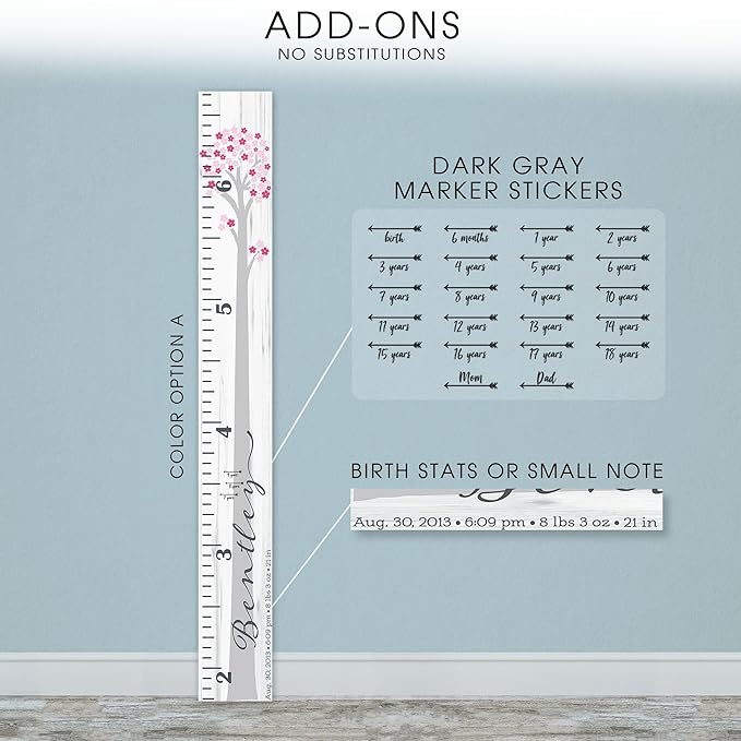 Wooden Kids Growth Height Chart Ruler for Boys and Girls Painted or Engraved (Floral Tree)