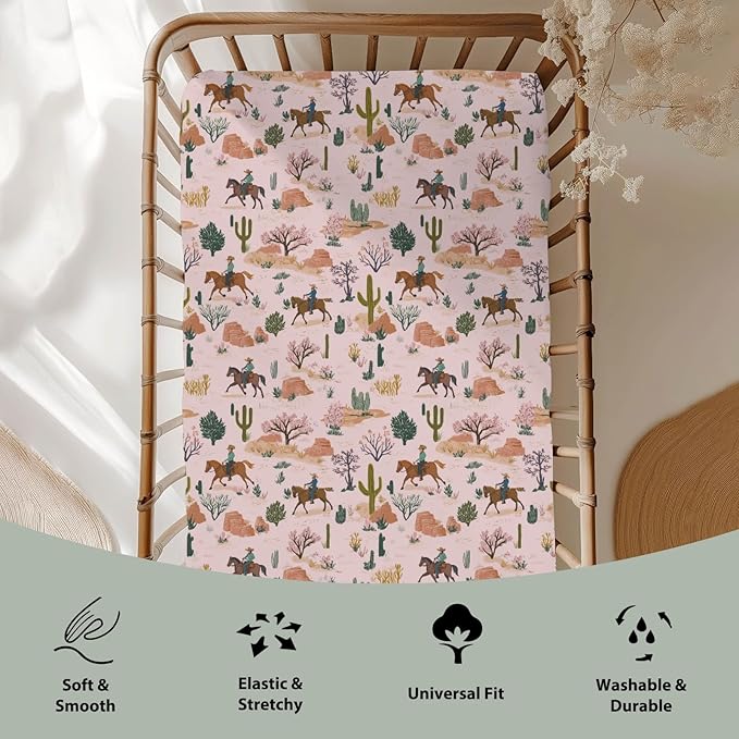 Retro Western Cowboy Pink Baby Crib Sheets for Boy Girl 52"x28" Vintage Cowboy Cactus Soft Stretchy Fitted Crib Mattress Cover Wild Desert Baby Sheet for Standard Crib and Toddler Bed Mattress