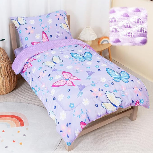 TinyPalsa Butterfly Toddler Bedding Set, 4-Piece Comforter Set for Girls and Boys, Breathable Crib Bedding Includes Ultra-Soft Plush Minky Comforter, Flat and Fitted Sheets, and Reversible Pillowcase