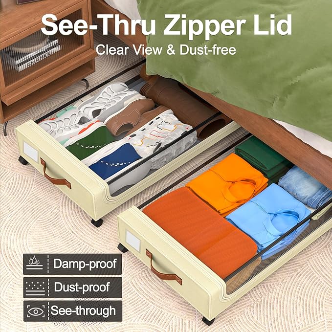 GoMaihe Under Bed Storage with Wheels: XXL Underbed Storage Containers with Lids - Rolling Bins for Shoes Clothes in Dorm Bedroom - Metal Drawers Easy Pull-out Beige 2-Pack