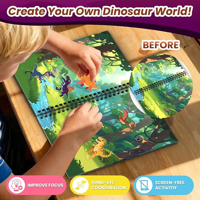 Dinosaur Reusable Sticker Book for Toddlers, DIY Make-a-face Animals Fun Jelly Stickers, Washable Puffy Stickers for Kids Toys, Airplane Road Trip Travel Activities Essentials for Kids 3 4 5 Years