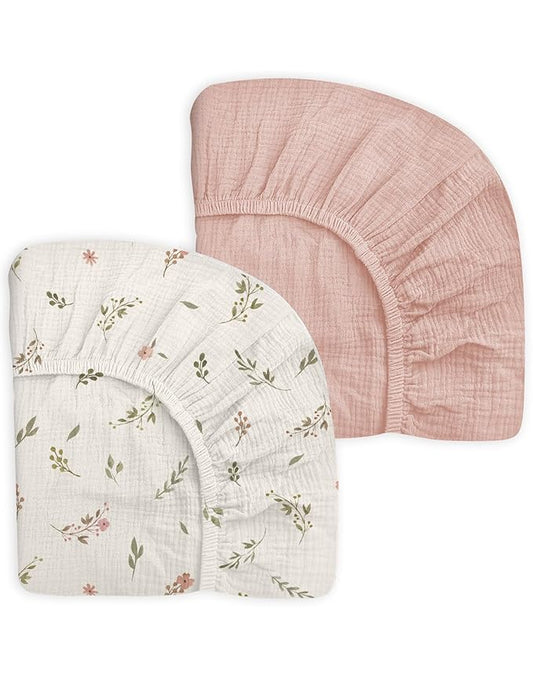 Mini Crib Sheets for Baby Boy Girl 2 Pack, Neutral Mini Crib Mattress Sheet 24" x 38", Muslin Nursery Bedding Soft and Breathable Comfort (Petal Leaf & Pink)