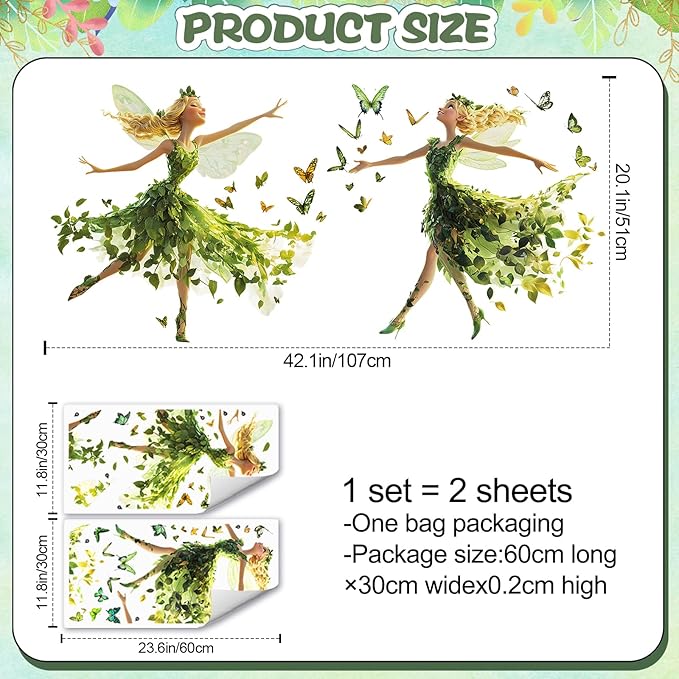 DRWSSR Removable Two Cartoon Green Butterfly Elf Girl Decals Fairy Wall Decals DIY Lovely Dancing Girl Wall Stickers Peel and Stick Butterflies Art for Girls Room Living Room Bedroom Bathroom Decor