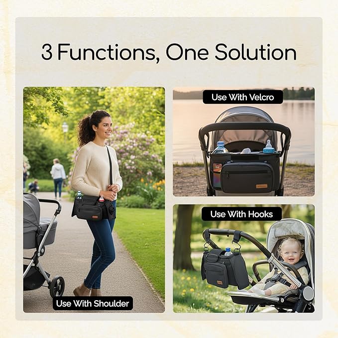 My lil Aviator Universal Stroller Organizer Bag with 2 Insulated Cup Holder, Durable Detachable Phone Bag and Shoulder Strap – Fits for Pet Stroller Caddy, Uppababy, Baby Jogger, Britax, Doona, Nuna