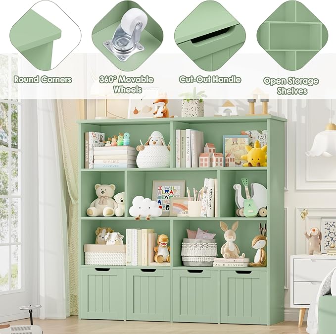 FINETONES Storage Organizer, Bookshelf with 4 Movable Chests and 7 Storage Cubes, Chest Storage with Hidden Wheels, Organizers and Storage, Green