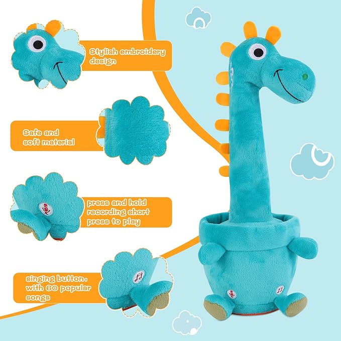 Dancing Talking Giraffe Toy, Stuffed Animal Baby Toy Repeating What You Say, Glowing Musical Electronic Giraffe Gifts for Toddlers 1-3 Years Old (Dancing Dinosaur)