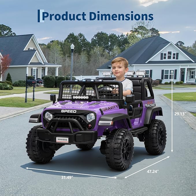 24V 2-Seater Kids Electric Truck with Parent Remote Control, 100Min Ride-on Car, 4WD Dual Motor, 2 Speeds, Spring Shock Absorber, LED Headlights, Siblings Gift Kids Electric Vehicle, Purple