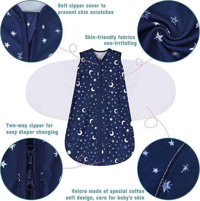 Newborn Sleep Sack Baby Swaddle,swaddle me 6-12 month,3-Way Adjustable Wearable Blanket,100% Rayon Cotton Swaddling sleeping bag，TOG 0.5 (Starry Sky, 6-12 Months)