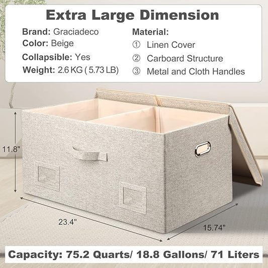 Graciadeco 75 Quarts Extra Large Decorative Storage Bins with Lids, 3 Packs Beige Collapsible Storage Bins with Lids, Stackable Storage Bins Decorative Box Storage With Lid Extra Large