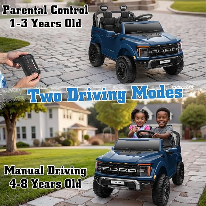 24V Ride on Car Licensed Ford F-150 Raptor, Kids Electric Car with Remote Control, LED Light/Music/MP3, Truck Bed Storage, 3-Point Seat Belt (24V, Blue)