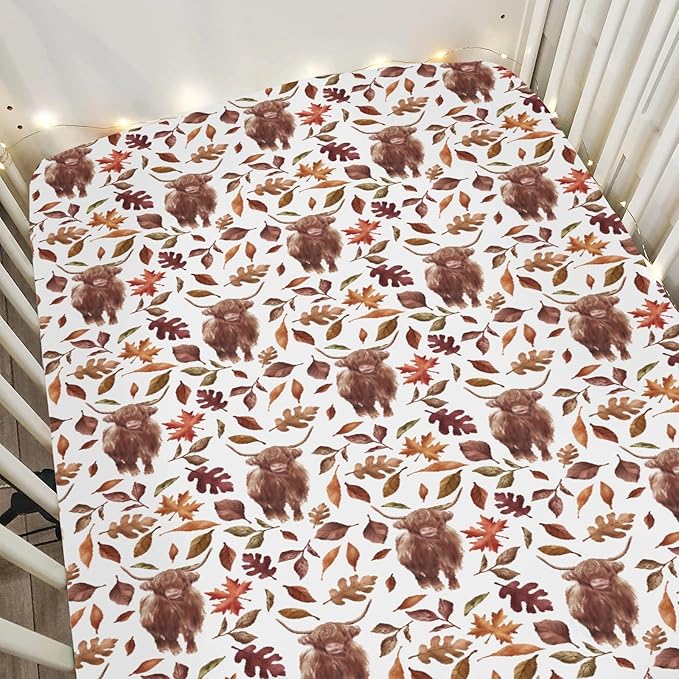 Autumn Highland Cow Fall Leaves Baby Crib Sheets for Boy Girl 28"x52" Yak Maple Leaves Soft Snug Fitted Crib Mattress Cover Thanksgiving Farm Animal Baby Sheet for Standard Crib & Toddler Bed Mattress