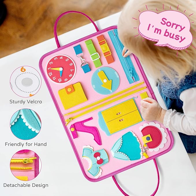 Freebear Deluxe Pink Princess Quiet Book Sensory Board for Toddlers 1-4, Montessori Educational Toys for Girls, Travel Toys with Activities
