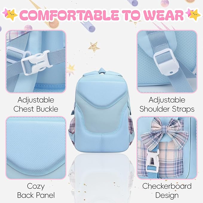 Aulenge Kids Backpack for Girls Cute Teen School Backpack Ages 8-12 with Pencil Case Set Kawaii Stitch Blue School Bookbags with Multiple Pockets for Primary & Middle School Students