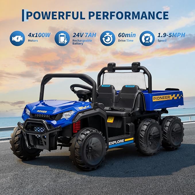 24V 4WD Electric Dump Truck for Kids, 2 Seater Remote Control Ride On Car with Dump Bed, All Terrain Vehicle Toy for Boys & Girls 3-8 Years Old, Blue
