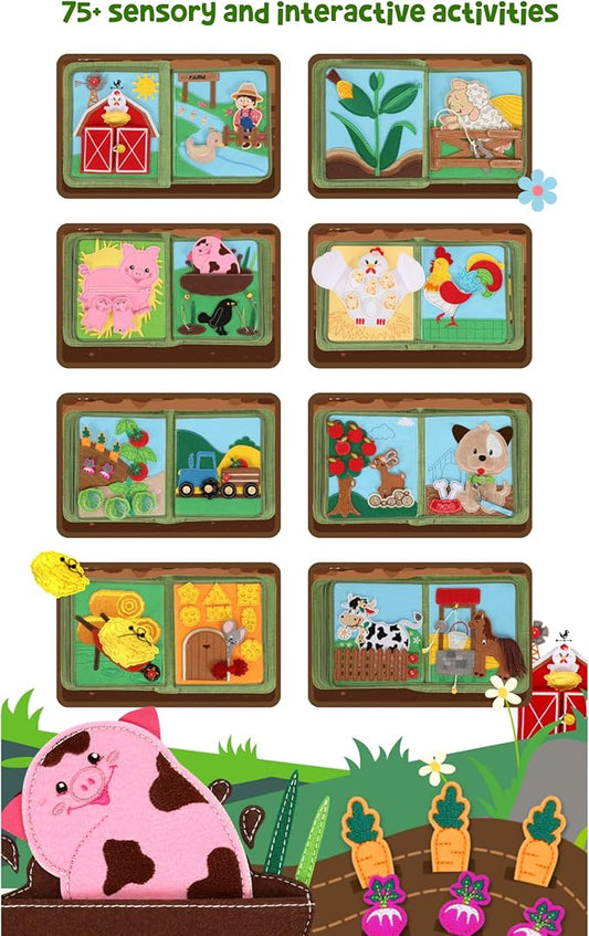 Montessori Busy Farm Book & Backpack Bundle, Interactive Quiet Book for Toddlers & Preschoolers, Educational Early Learning Travel Toy with Waterproof Backpack, Back-to-School Gift