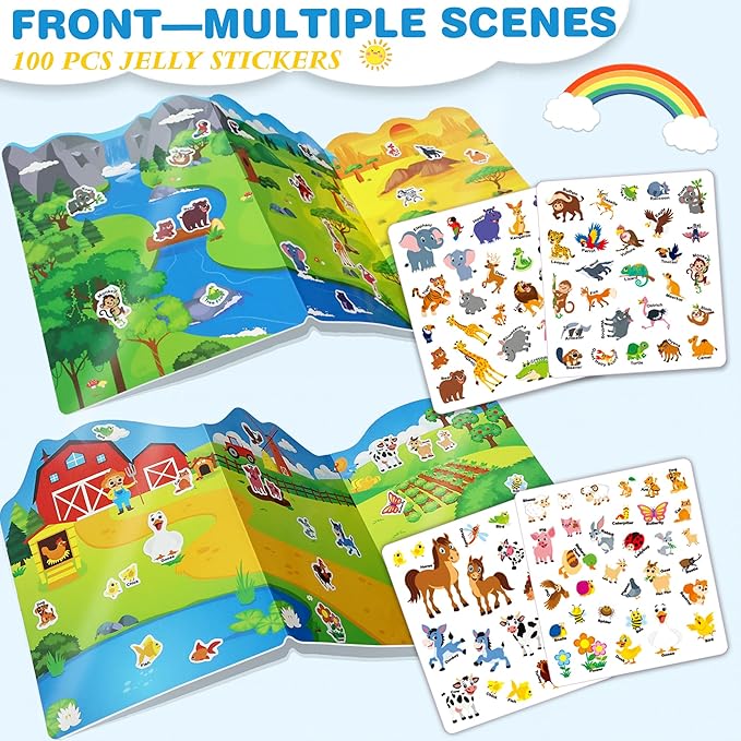 2 Sets Reusable Sticker Books for Toddlers, Jelly Sticker Activity Books, Toddler Craft Activities Toddler Travel Toys -Farm Animals, Safari