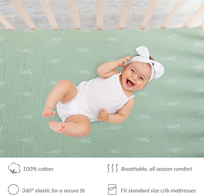 Meracorallo Muslin Fitted Crib Sheet, Soft and Breathable Green Leaf Neutral Baby Crib Sheet for Standard Crib and Toddler Mattresses