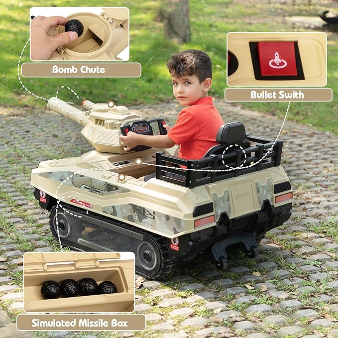 TOBBI 24V Electric Kids Ride on Tank Car with Remote Control for Toddlers, 360°Spin Off-Road Fighting Military Vehicle with Missiles, Battery Powered Toy for Boy&Girl to Drive Age 4-8
