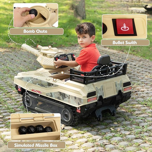 TOBBI 24V Electric Kids Ride on Tank Car with Remote Control for Toddlers, 360°Spin Off-Road Fighting Military Vehicle with Missiles, Battery Powered Toy for Boy&Girl to Drive Age 4-8