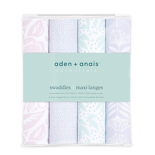 aden + anais Essentials Swaddle Blanket, Muslin Blankets for Girls & Boys, Baby Receiving Swaddles, Newborn Gifts, Infant Shower Items, Toddler Gift, Wearable Swaddling Set, 4 Pack, Damsel