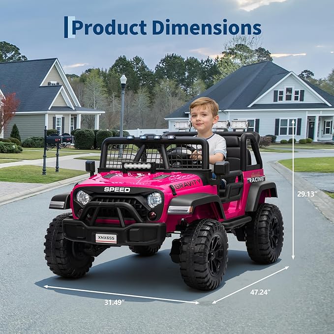 24V 2-Seater Kids Electric Truck with Parent Remote Control, 100Min Ride-on Car, 4WD Dual Motor, 2 Speeds, Spring Shock Absorber, LED Headlights, Siblings Gift Kids Electric Vehicle, Rose